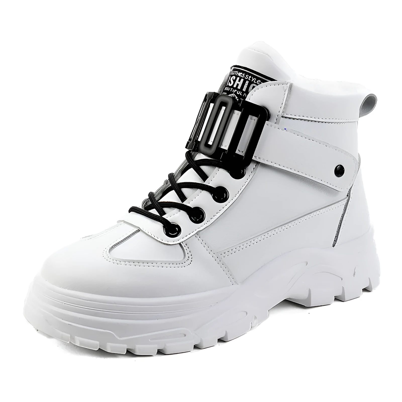 Ladies snow boots in black with artificial PU upper, flat heel, round toe, and front tie laces
