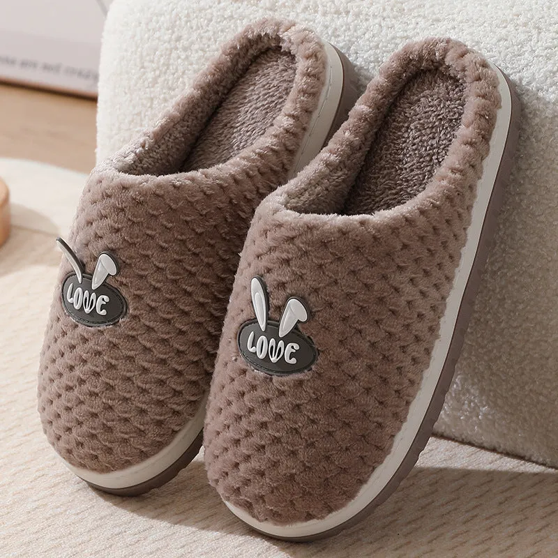 Women's plush rabbit plaid design house slippers with artificial fur and a light brown anti-slip rubber sole.