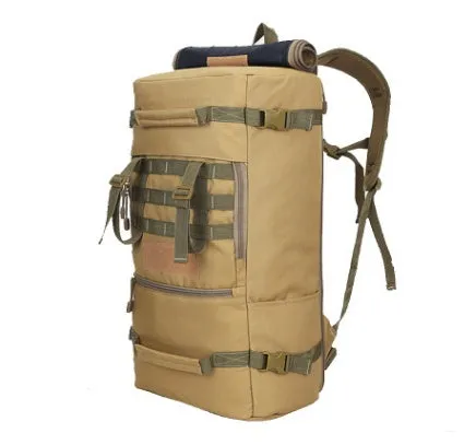 50L military tactical backpack with Molle webbing in black, khaki, and camouflage colours