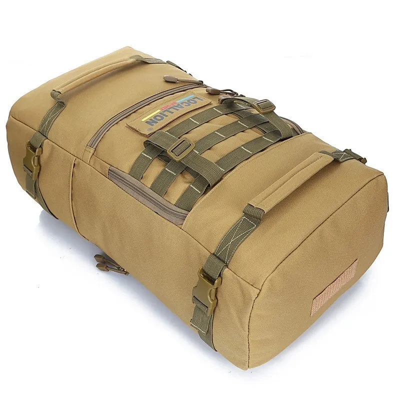 50L military tactical backpack with Molle webbing in black, khaki, and camouflage colours