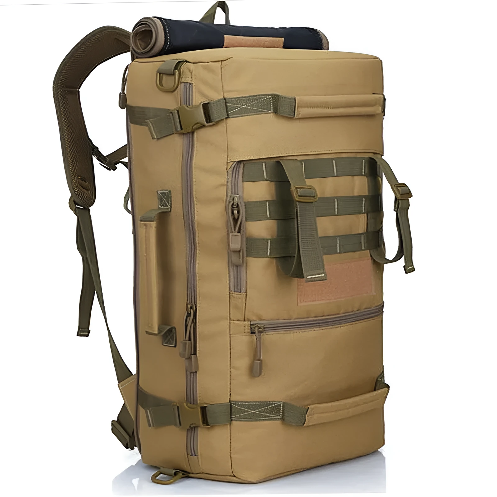 50L military tactical backpack with Molle webbing in black, khaki, and camouflage colours