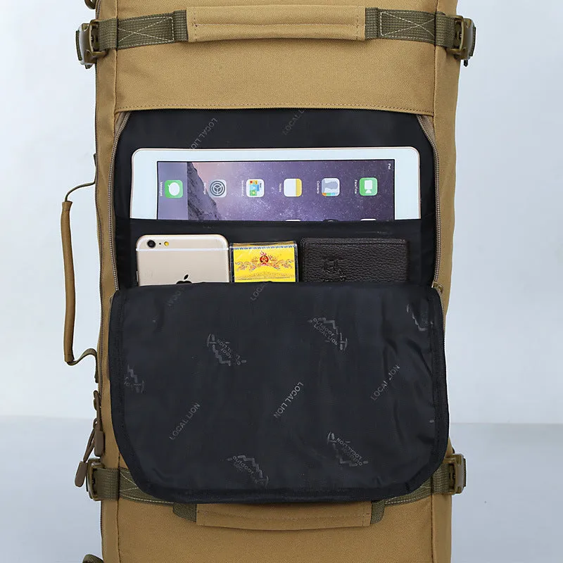 50L military tactical backpack with Molle webbing in black, khaki, and camouflage colours
