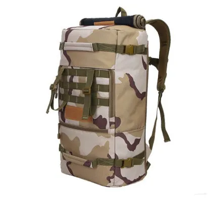 50L military tactical backpack with Molle webbing in black, khaki, and camouflage colours