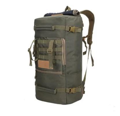 50L military tactical backpack with Molle webbing in black, khaki, and camouflage colours