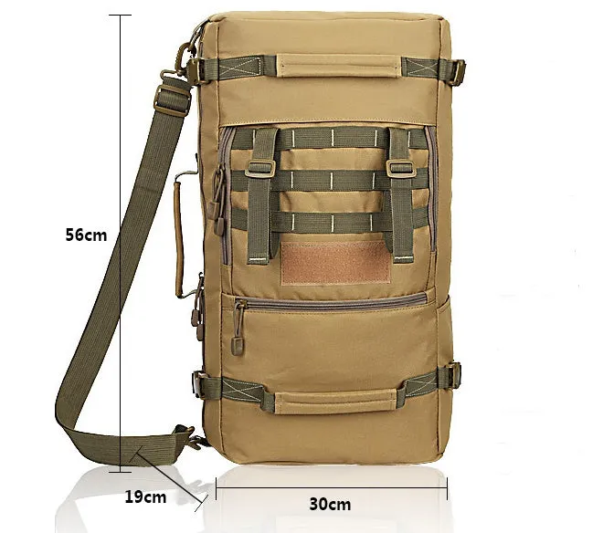50L military tactical backpack with Molle webbing in black, khaki, and camouflage colours