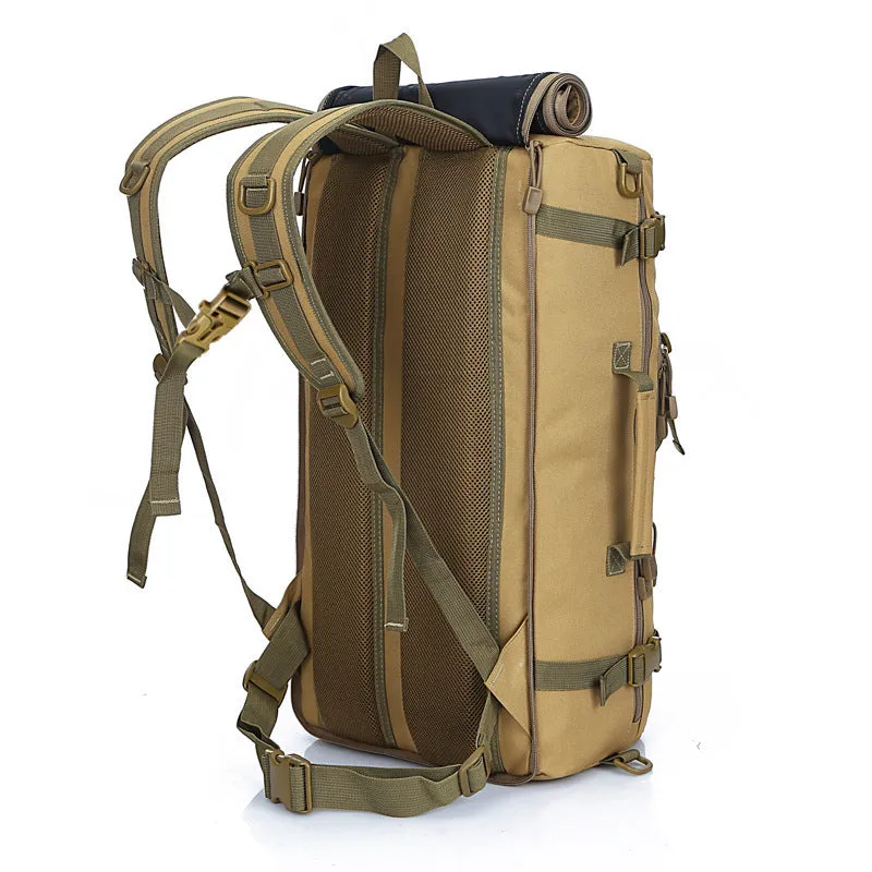 50L military tactical backpack with Molle webbing in black, khaki, and camouflage colours