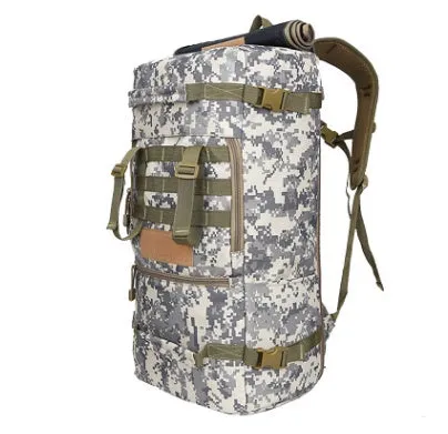 50L military tactical backpack with Molle webbing in black, khaki, and camouflage colours