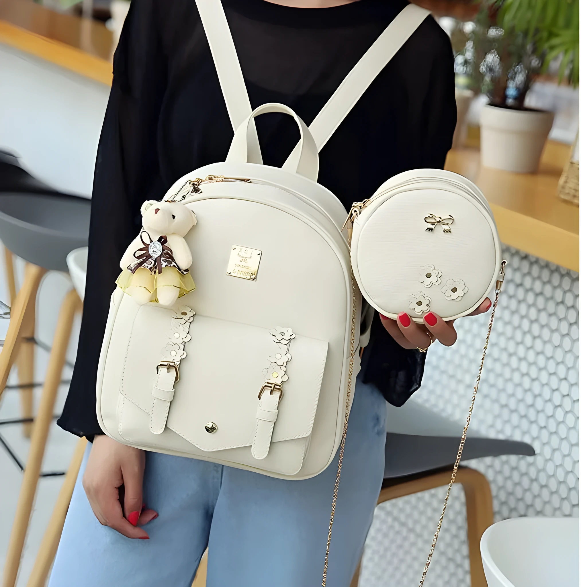 Women's floral print Pu leather backpack set with matching shoulder bag and card wallet