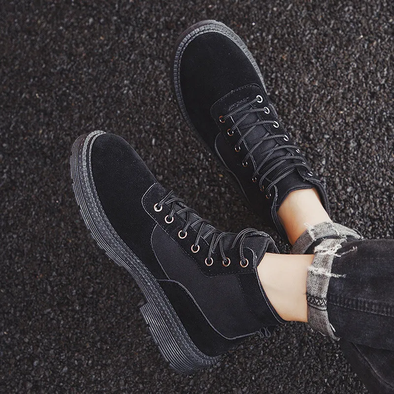 Men's black Martin boots high top PU upper rubber sole flat heel round toe leather stitching side view