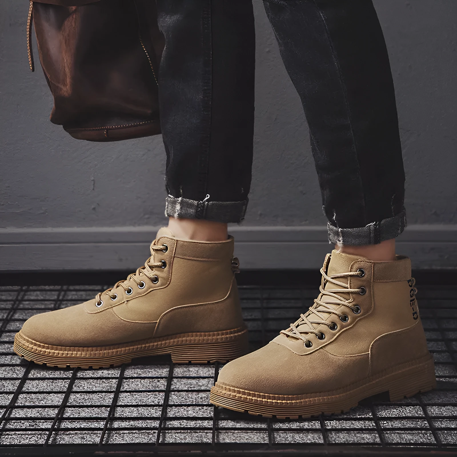 Men's black Martin boots high top PU upper rubber sole flat heel round toe leather stitching side view