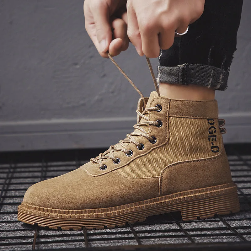 Men's black Martin boots high top PU upper rubber sole flat heel round toe leather stitching side view