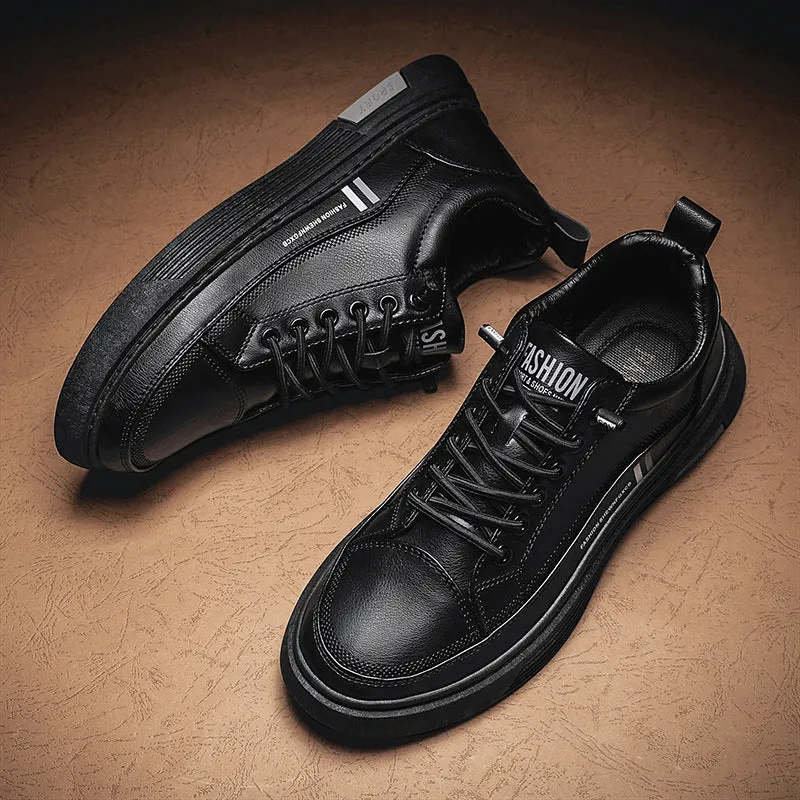 Men's black and white skateboard shoes with microfiber upper and elastic band closure