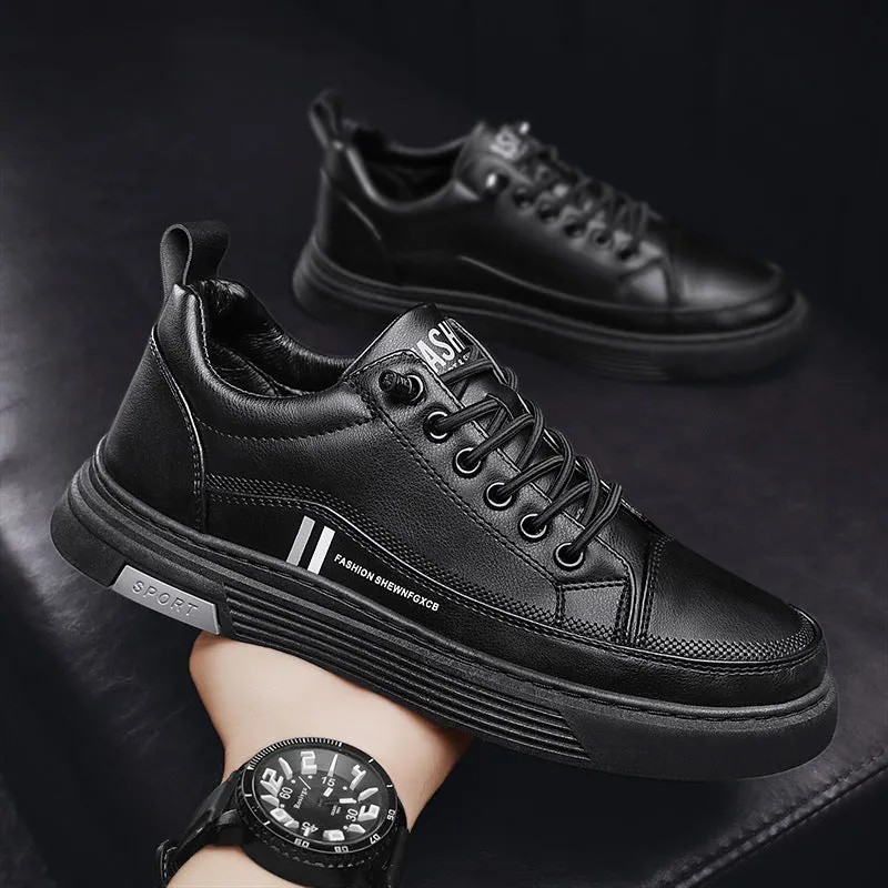 Men's black and white skateboard shoes with microfiber upper and elastic band closure