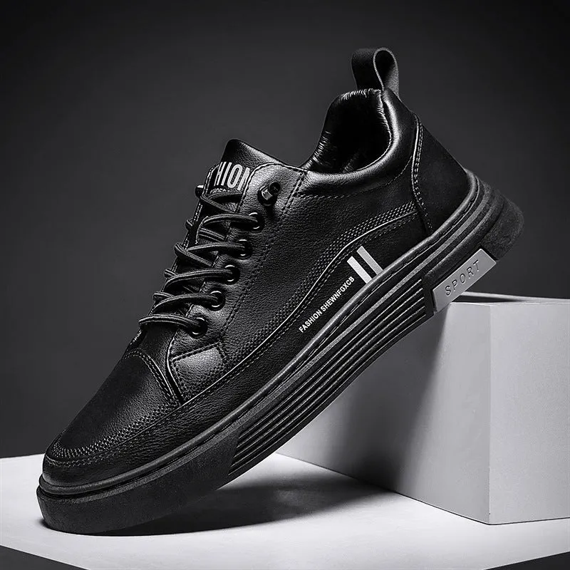 Men's black and white skateboard shoes with microfiber upper and elastic band closure