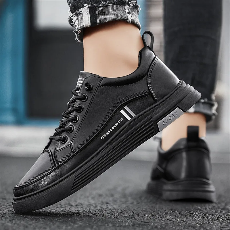 Men's black and white skateboard shoes with microfiber upper and elastic band closure