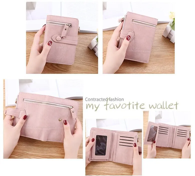 Vegan woman faux leather short wallet with zipper closure in solid colour, showing interior with bill and card compartments