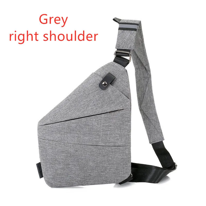 Canvas chest bag for men in black Oxford cloth with zipper closure, worn across the chest for anti-theft security