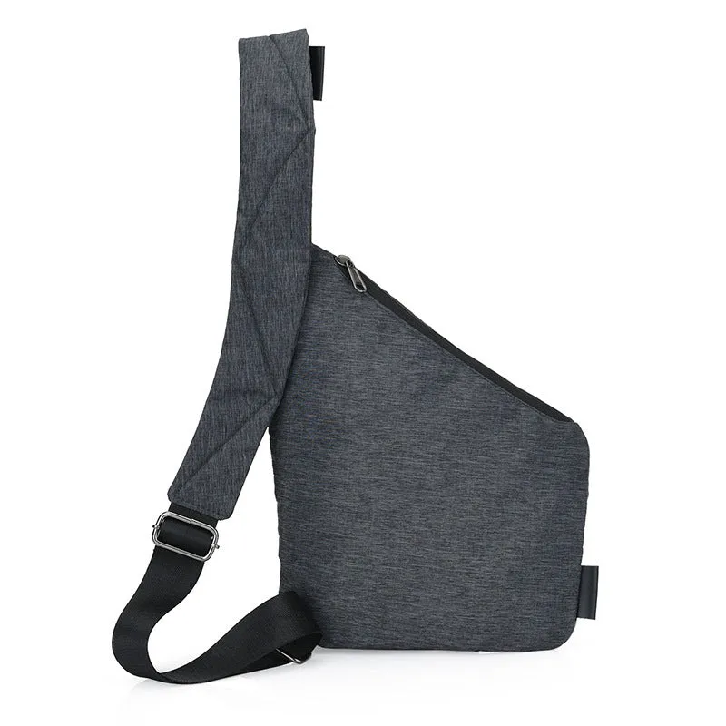 Canvas chest bag for men in black Oxford cloth with zipper closure, worn across the chest for anti-theft security