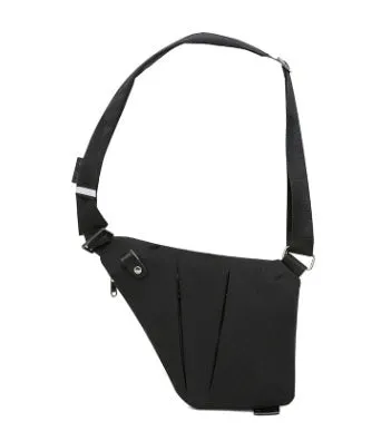 Canvas chest bag for men in black Oxford cloth with zipper closure, worn across the chest for anti-theft security
