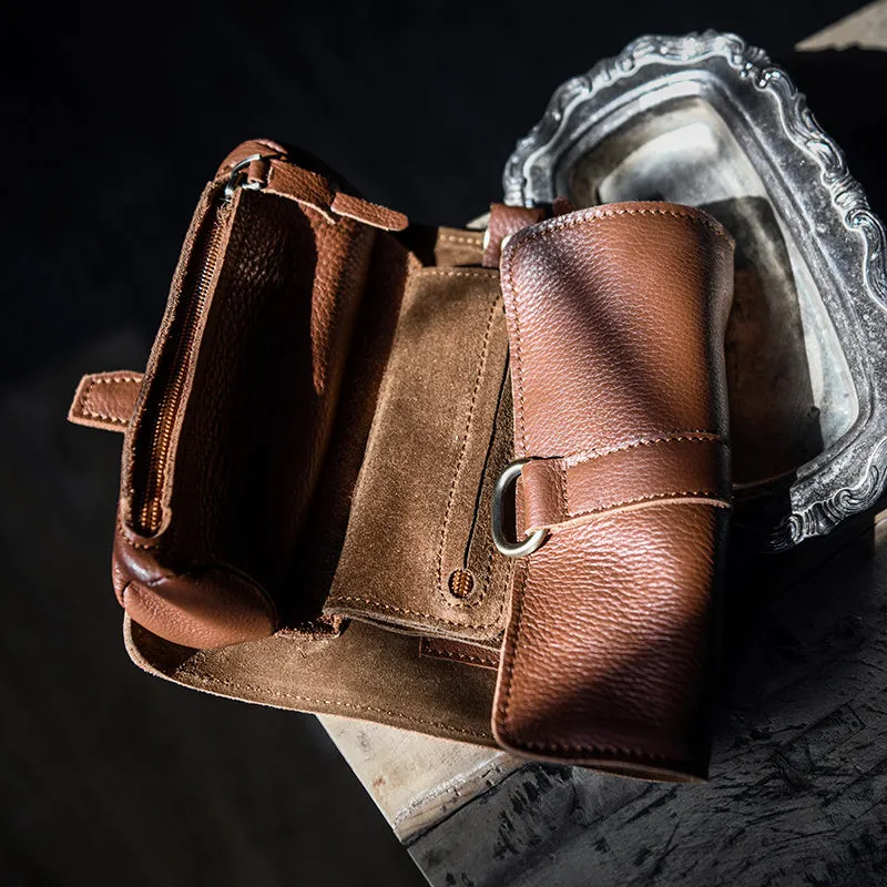 Handmade vintage style cow leather wallet with tape closure measuring 20x10x4cm