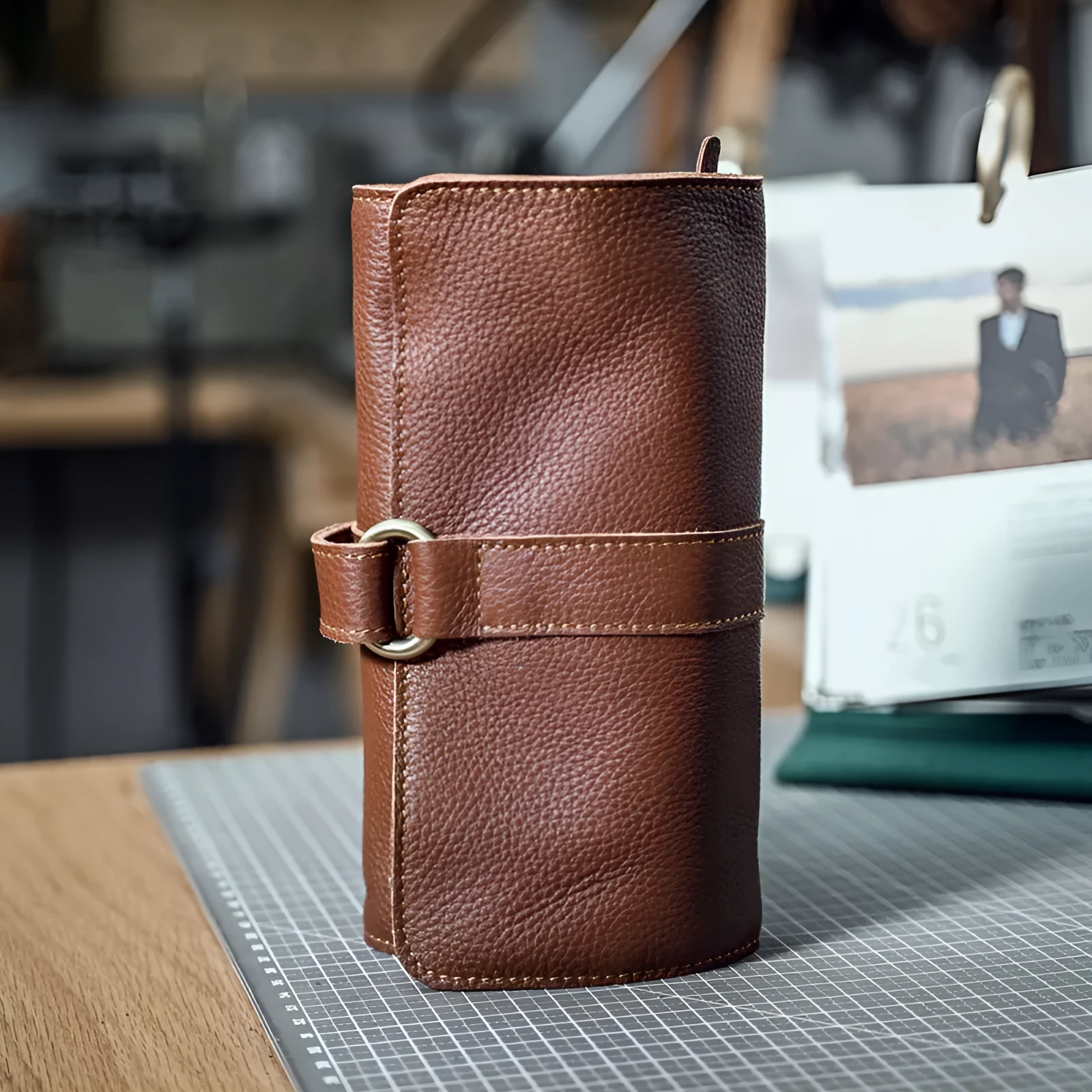 Handmade vintage style cow leather wallet with tape closure measuring 20x10x4cm