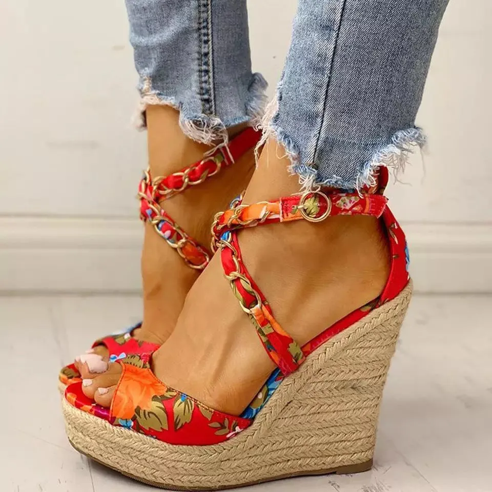 Plus size women's wedge heel sandals with cloth upper, buckle closure, and non-slip rubber sole in black