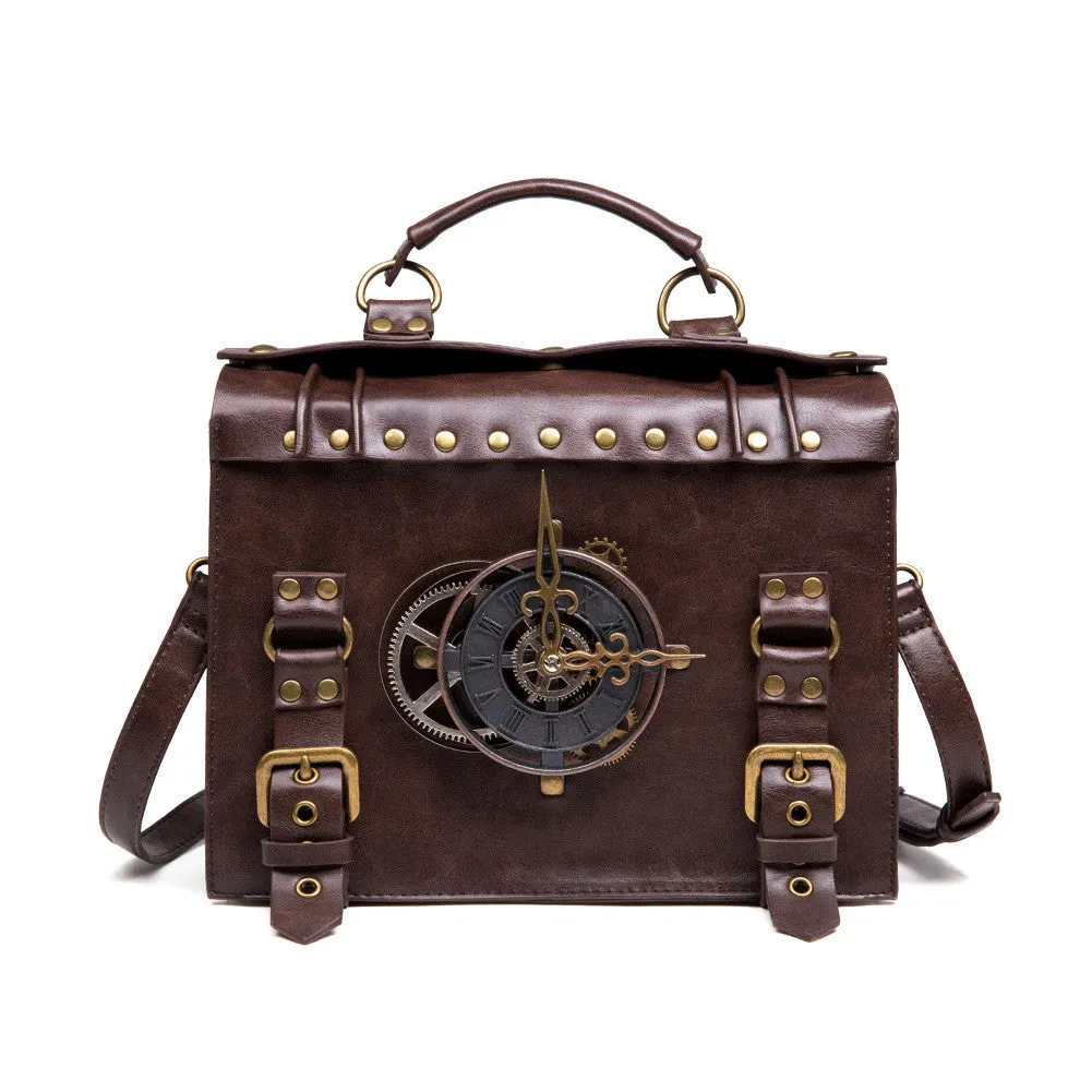 Bronze steampunk shoulder bag with metal hardware and horizontal square pillow design