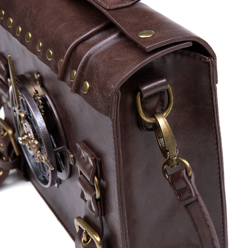 Bronze steampunk shoulder bag with metal hardware and horizontal square pillow design