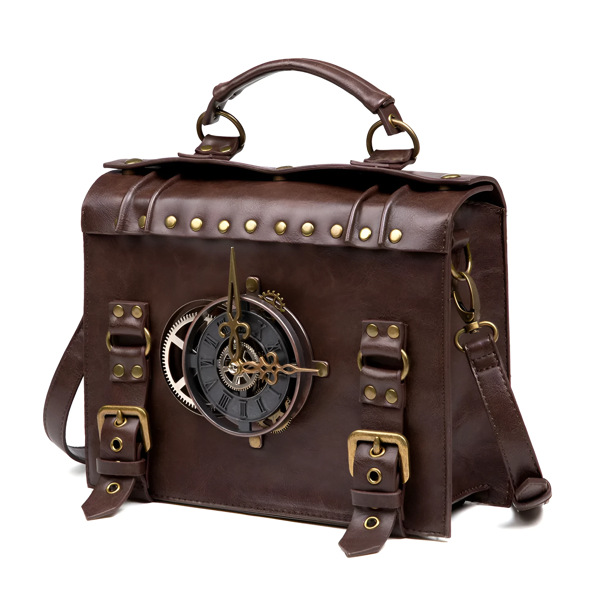 Bronze steampunk shoulder bag with metal hardware and horizontal square pillow design