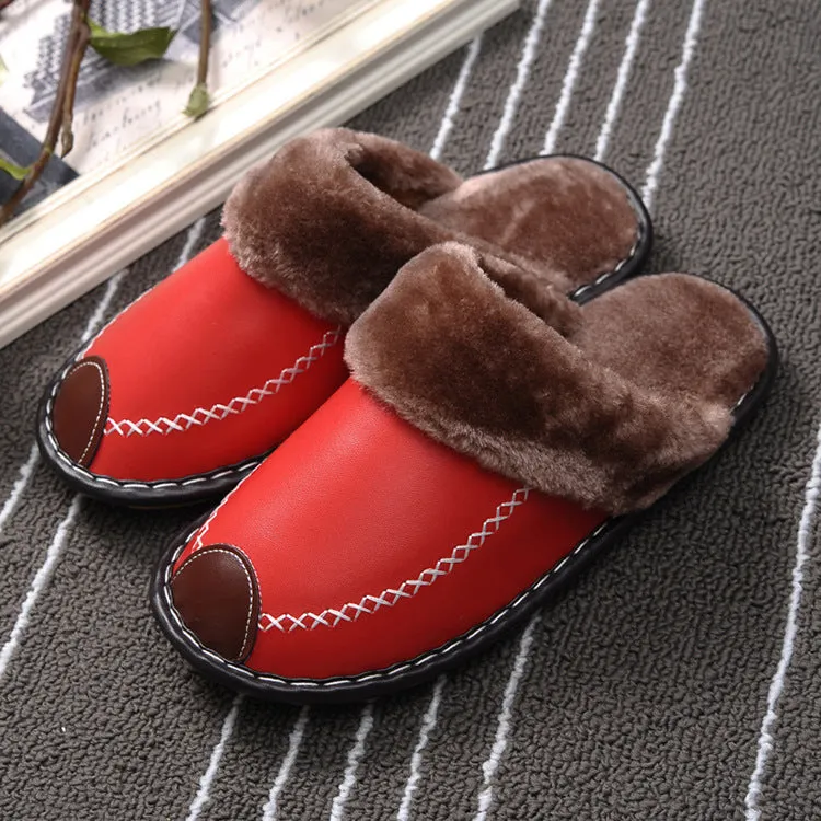 Couple cotton slippers winter home with leather surface and TPR sole in brown