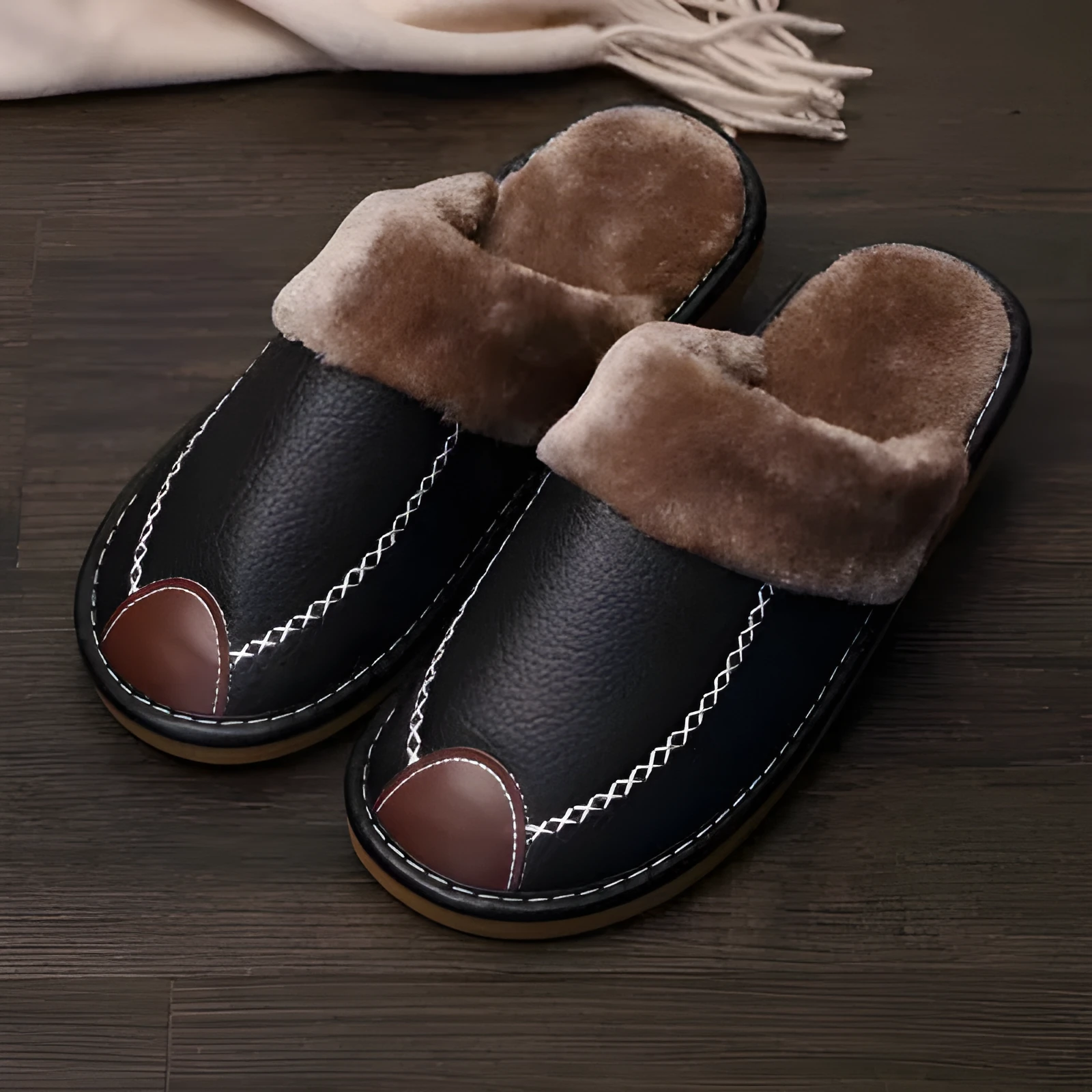 Couple cotton slippers winter home with leather surface and TPR sole in brown
