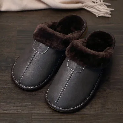 Couple cotton slippers winter home with leather surface and TPR sole in brown
