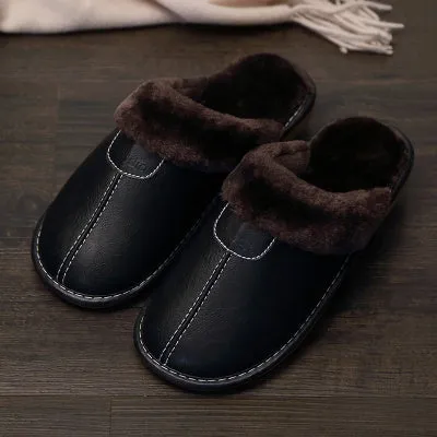Couple cotton slippers winter home with leather surface and TPR sole in brown