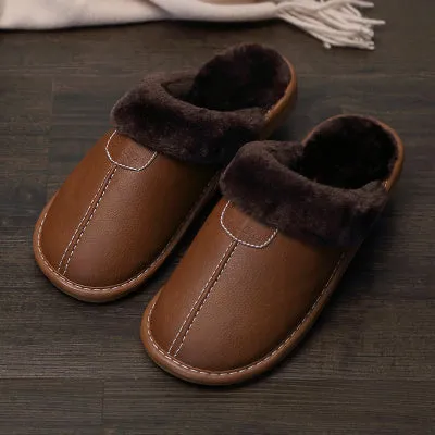 Couple cotton slippers winter home with leather surface and TPR sole in brown