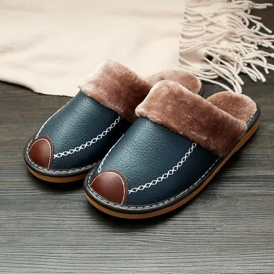 Couple cotton slippers winter home with leather surface and TPR sole in brown