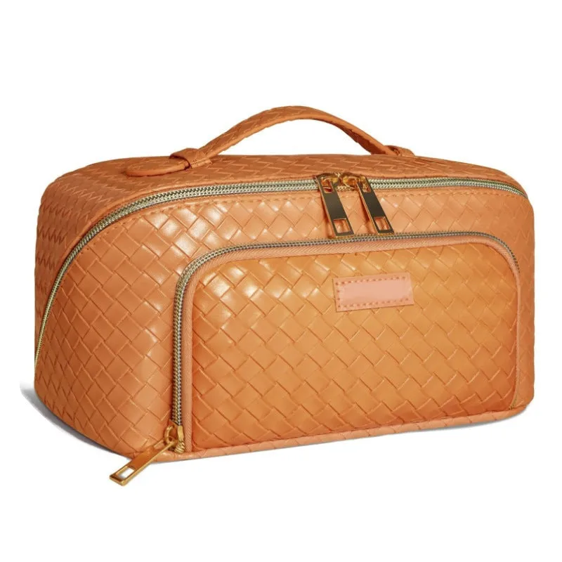 Large-capacity waterproof PU cosmetic organiser bag with multiple pockets and metal zipper in orange colour