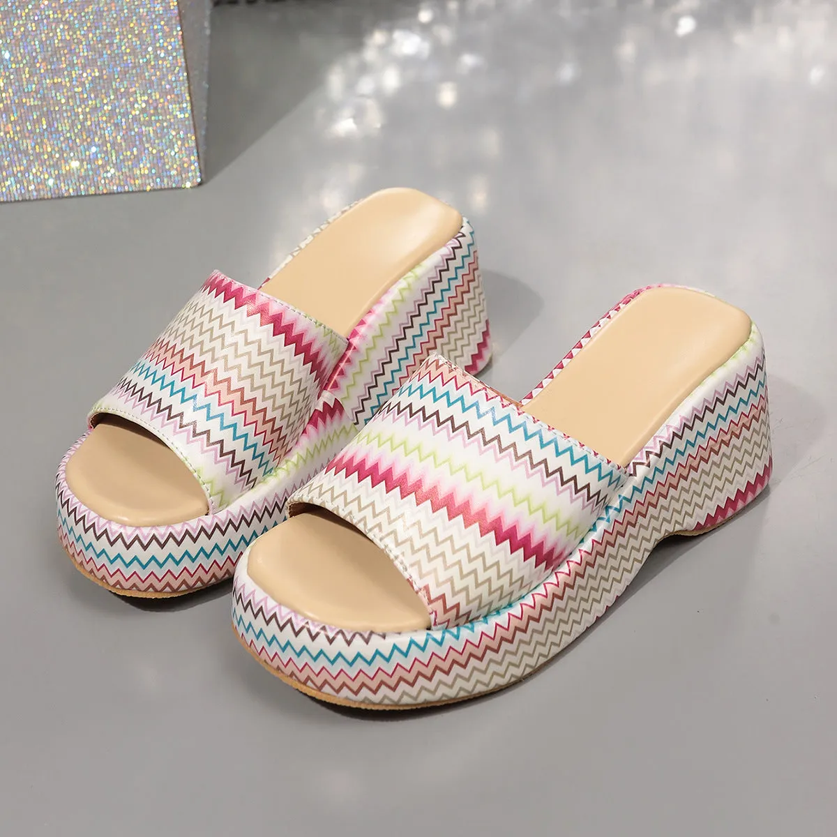 Women's colourful wave print wedge sandals with fish mouth toe and thick rubber soles