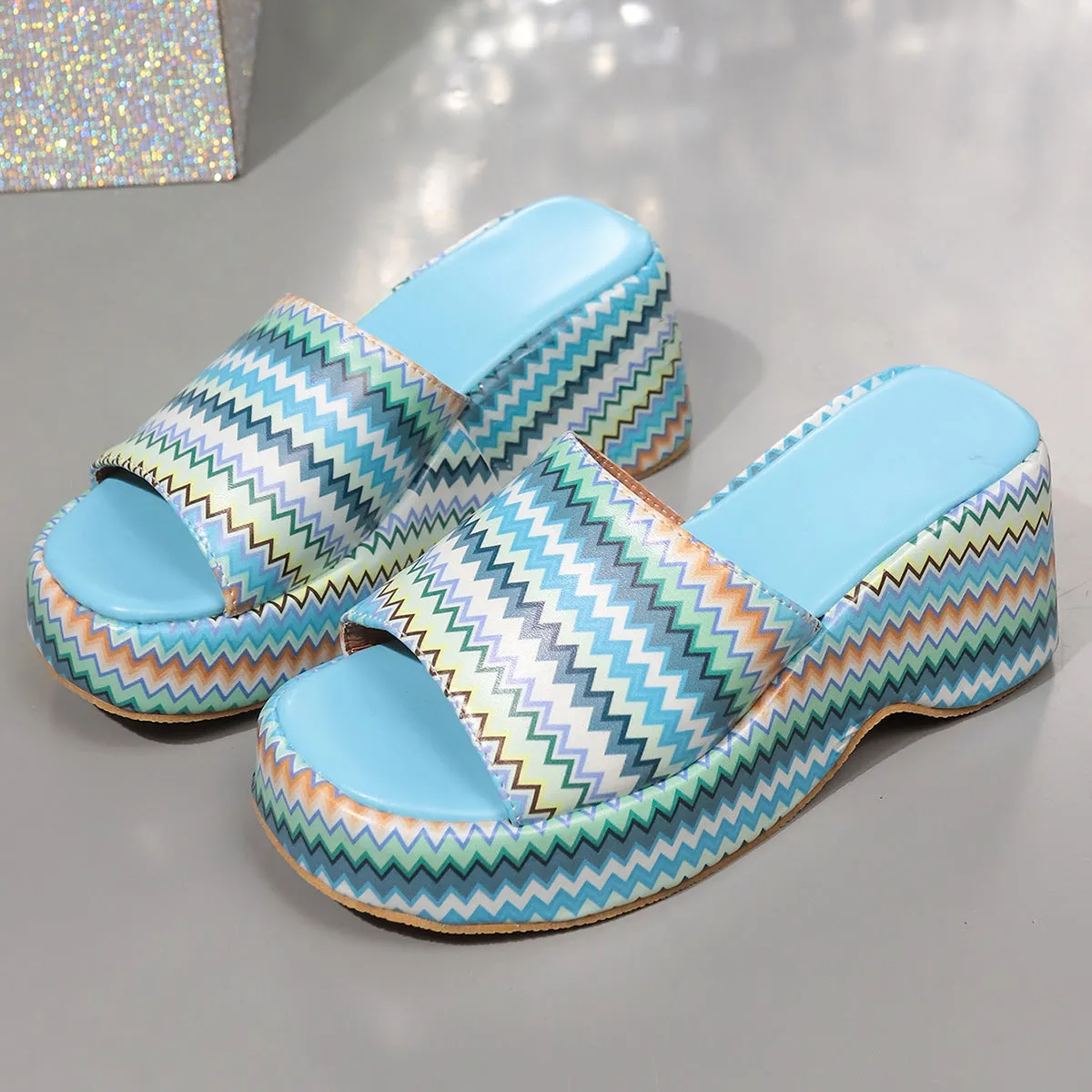 Women's colourful wave print wedge sandals with fish mouth toe and thick rubber soles