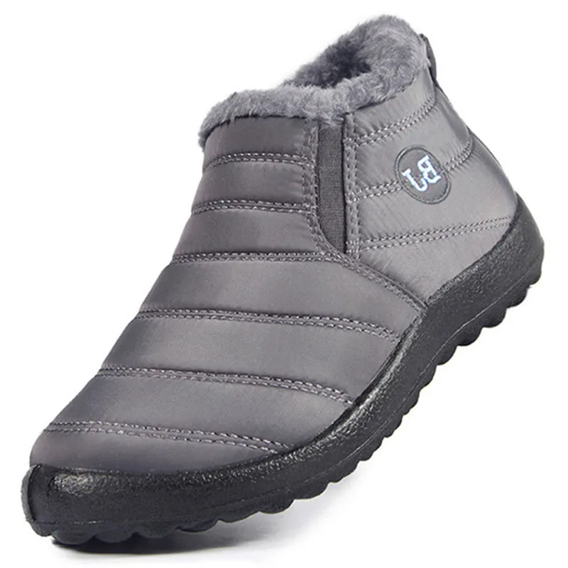 Women's waterproof winter snow boots with cotton lining, sheep shearling insole, low heel, in black, coffee, dark blue, gray, purple