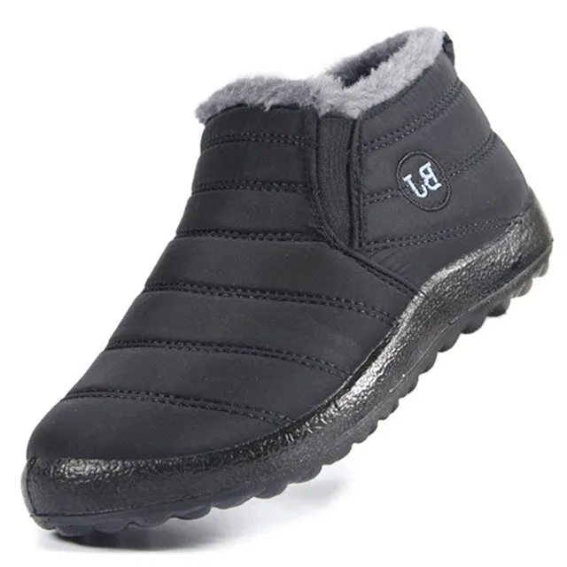 Women's waterproof winter snow boots with cotton lining, sheep shearling insole, low heel, in black, coffee, dark blue, gray, purple