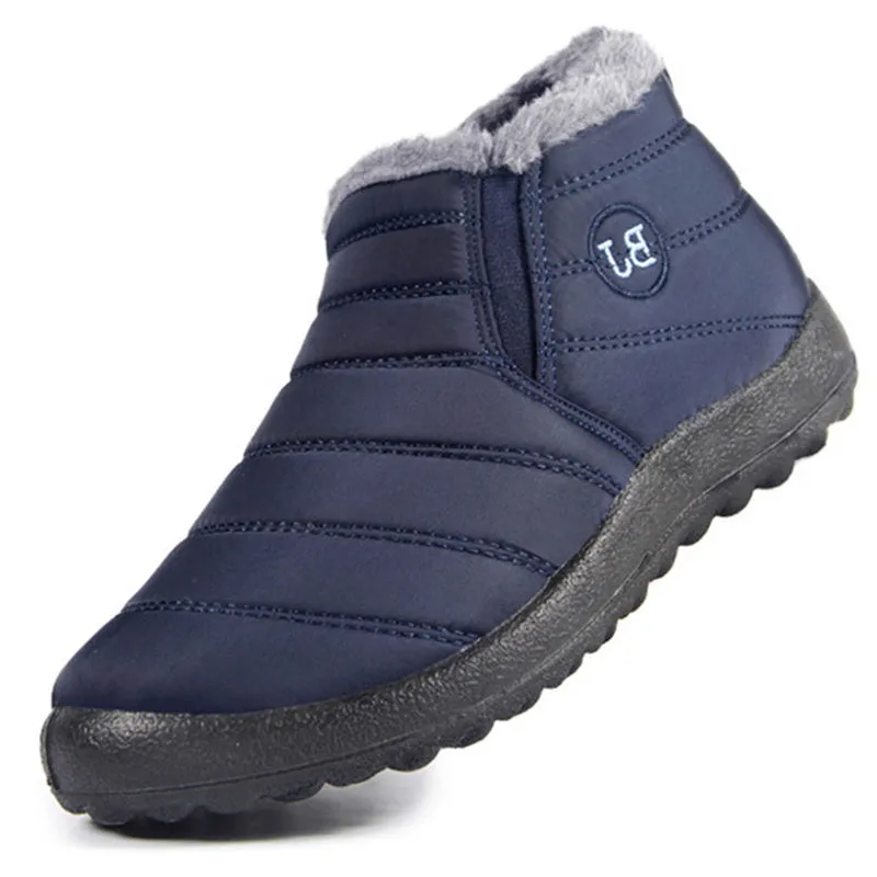 Women's waterproof winter snow boots with cotton lining, sheep shearling insole, low heel, in black, coffee, dark blue, gray, purple