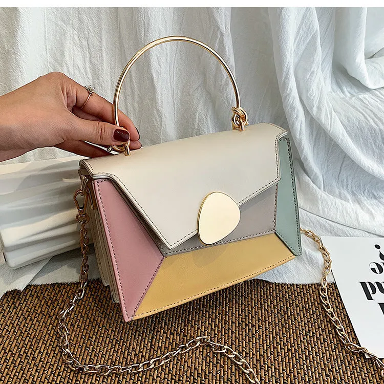 Women's small contrast colour PU leather horizontal square crossbody bag with single strap and soft handle