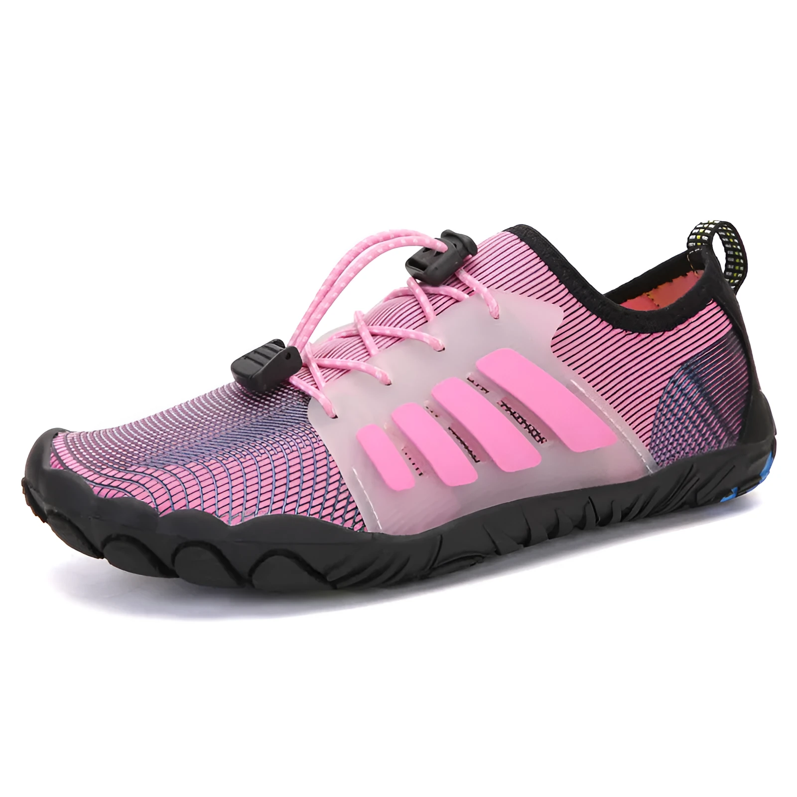 Couple outdoor sports diving beach shoes with mesh upper and non-slip rubber outsole, shown on surface