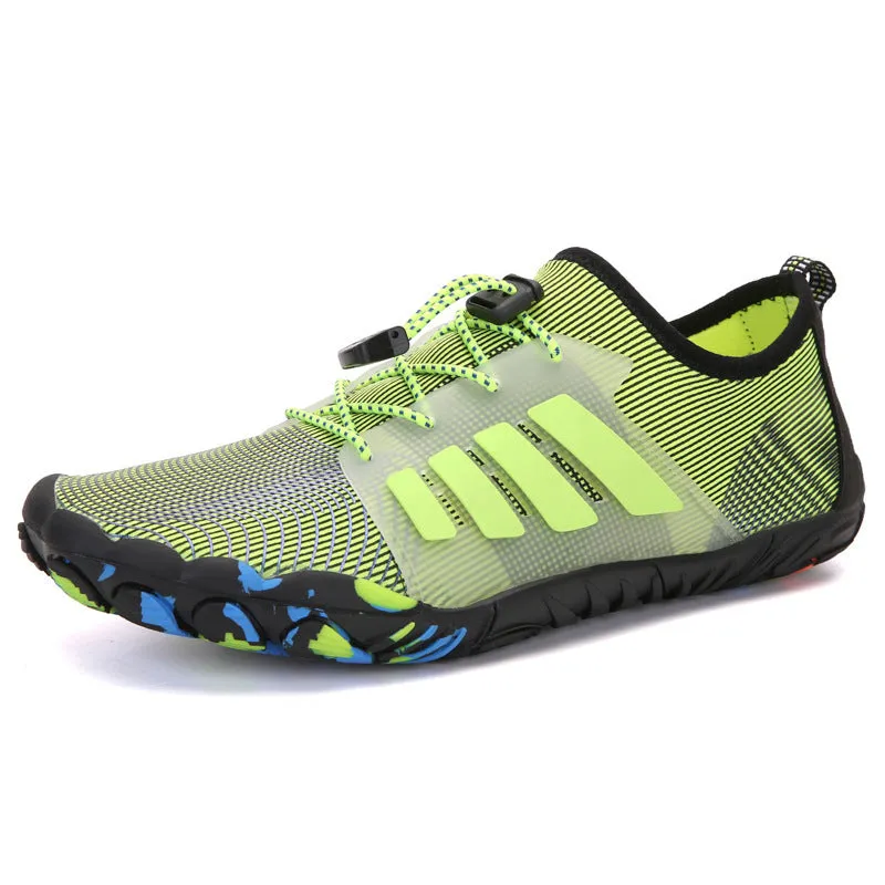 Couple outdoor sports diving beach shoes with mesh upper and non-slip rubber outsole, shown on surface