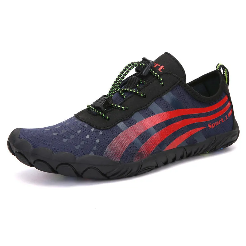 Couple outdoor sports diving beach shoes with mesh upper and non-slip rubber outsole, shown on surface