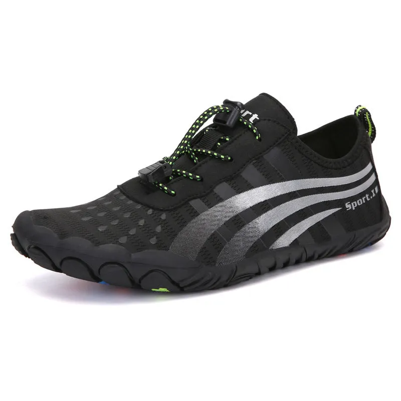 Couple outdoor sports diving beach shoes with mesh upper and non-slip rubber outsole, shown on surface