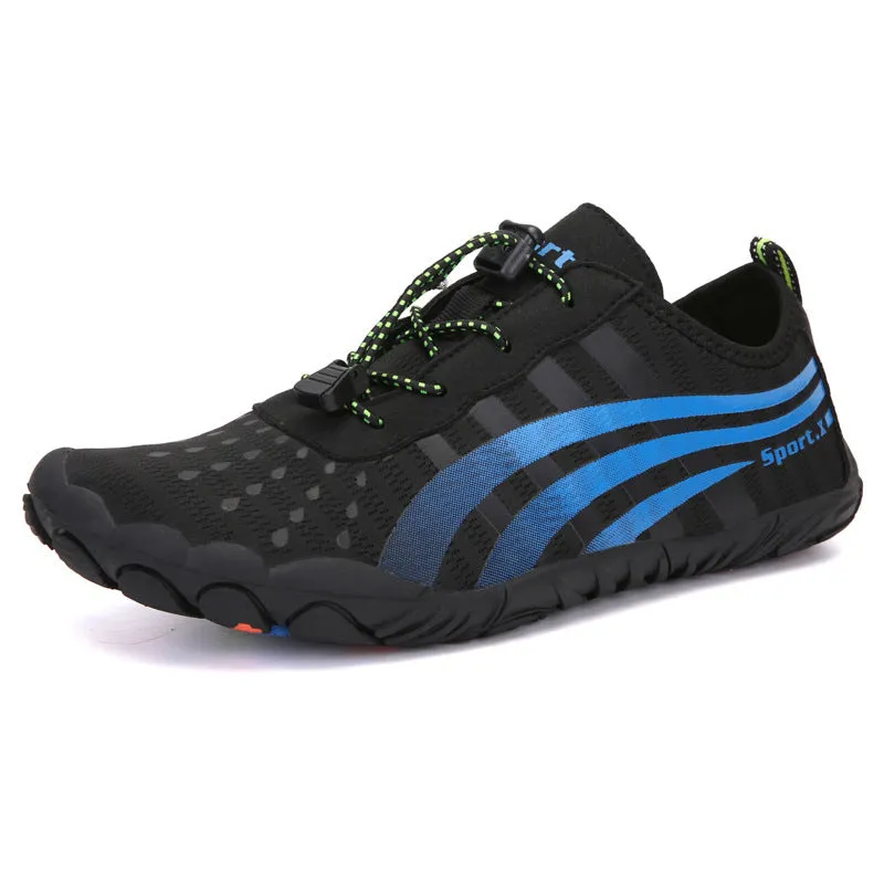 Couple outdoor sports diving beach shoes with mesh upper and non-slip rubber outsole, shown on surface