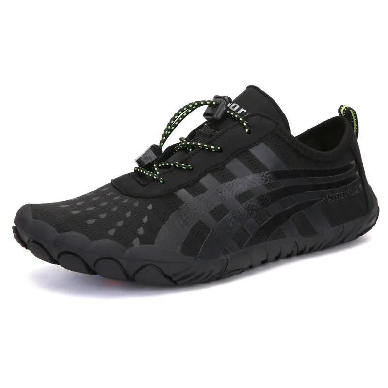 Couple outdoor sports diving beach shoes with mesh upper and non-slip rubber outsole, shown on surface