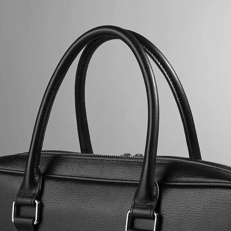 Men's black genuine cowhide leather handbag with double zipper, 14 inch, for business travel
