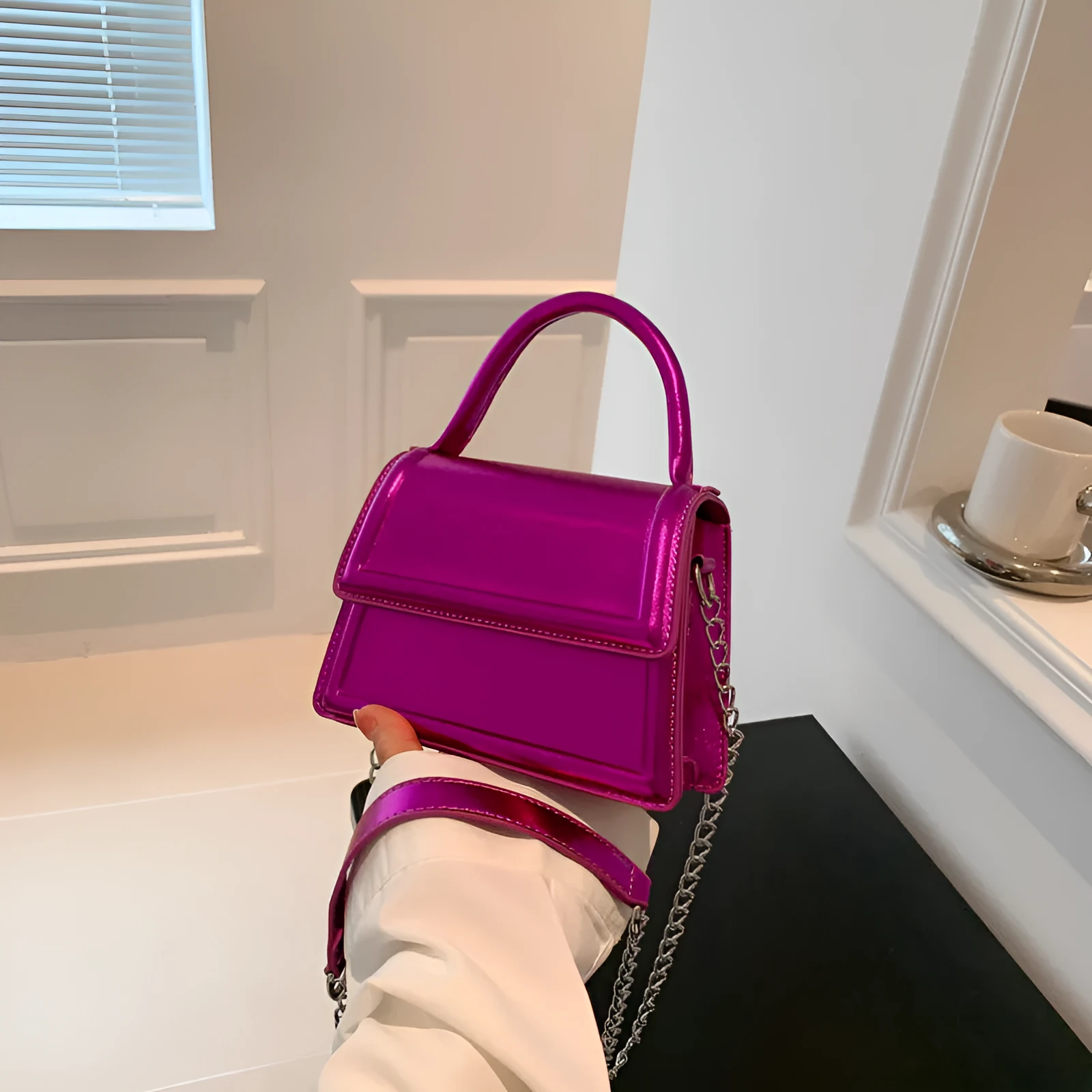 Retro PU leather shoulder bag in horizontal square shape with crossbody strap